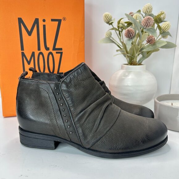 Miz Mooz Snap Wide Leather Studded Boot Ash Side Zip Women EU 41/10.5 Tried On - Picture 1 of 10